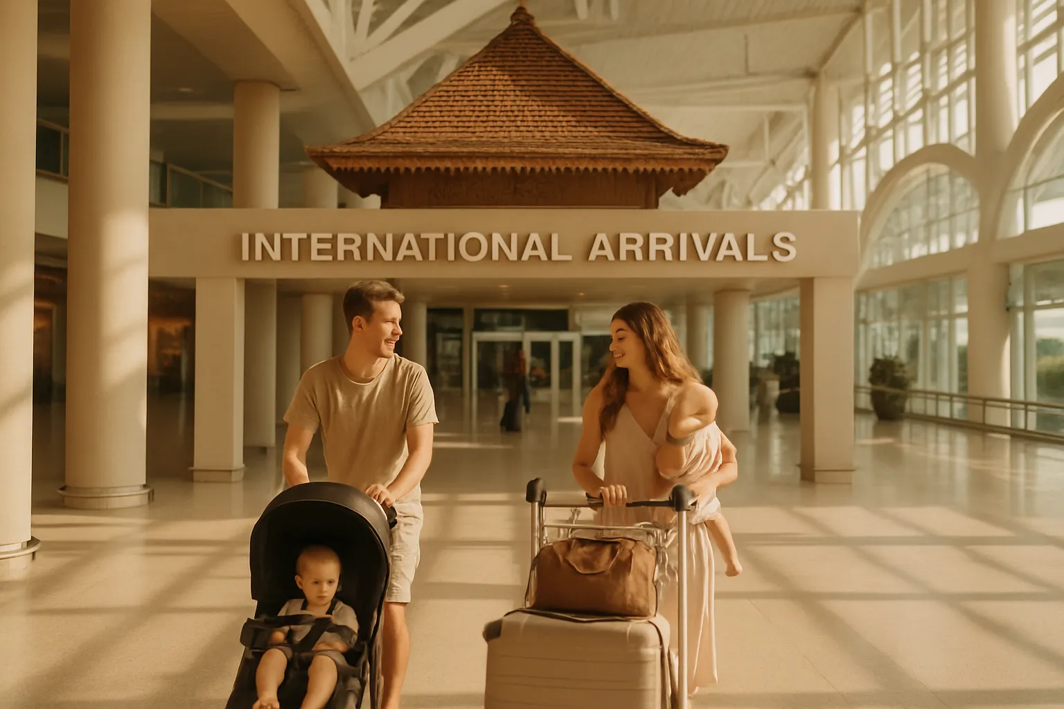 Family with stroller at Bali Denpasar airport arrivals hall