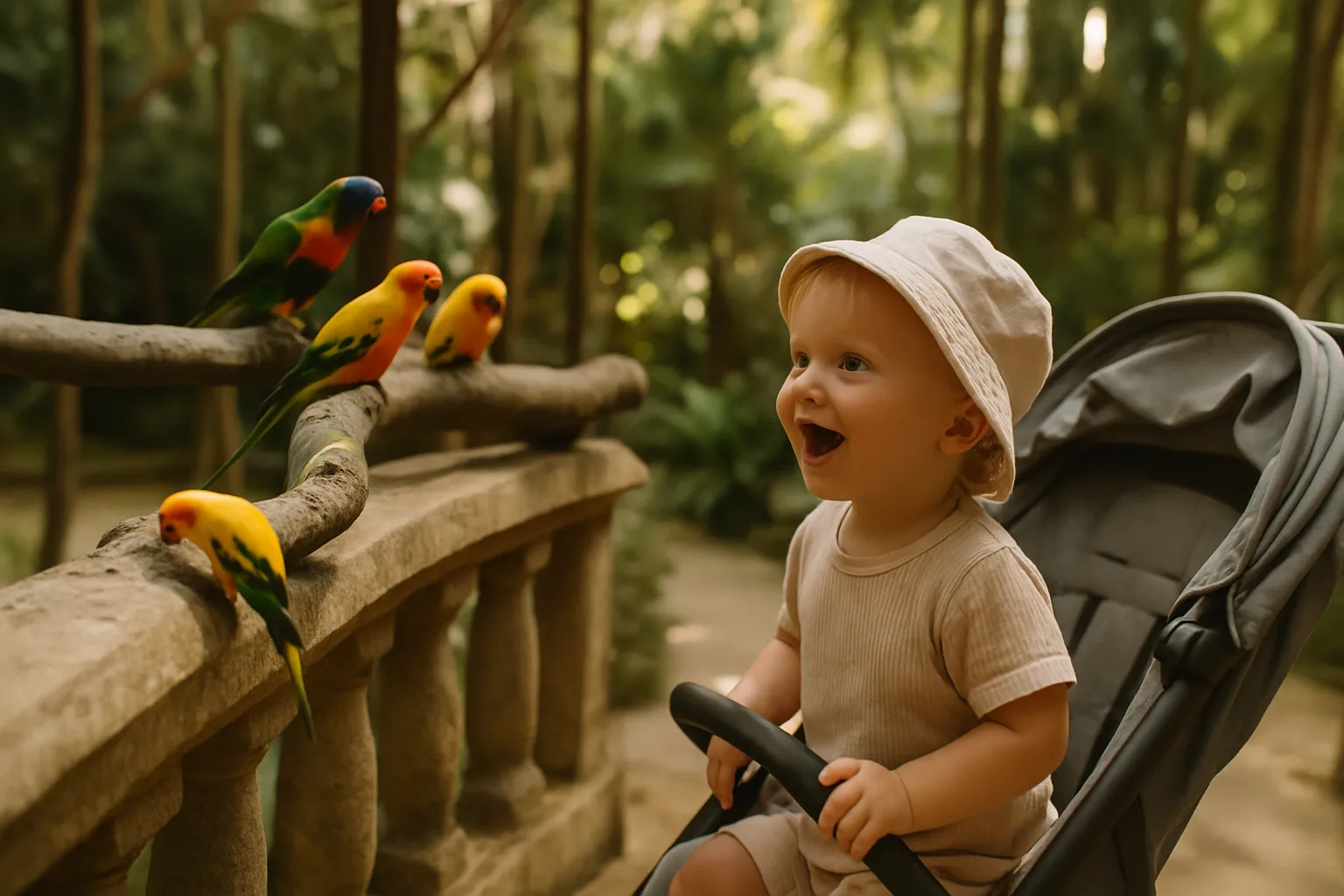 Young child watching colourful tropical birds at a Bali bird park
