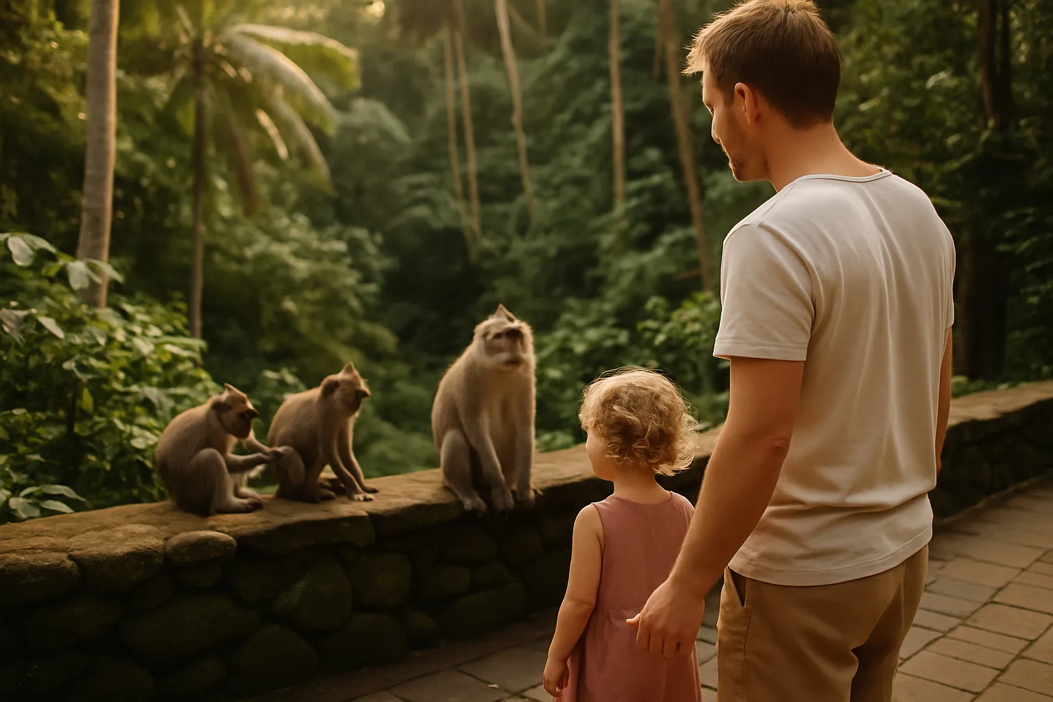 Parent holding a child's hand while watching monkeys from a safe distance in Ubud