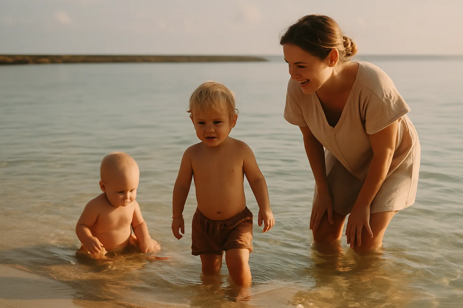Baby and toddler paddling in calm shallow water at a reef-protected Bali beach