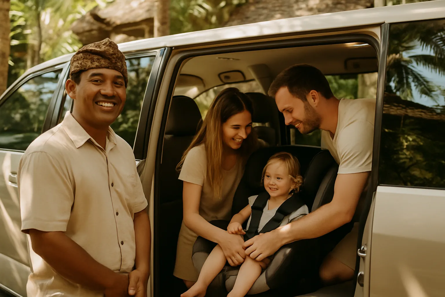 Balinese driver helping a parent secure a child car seat in a van