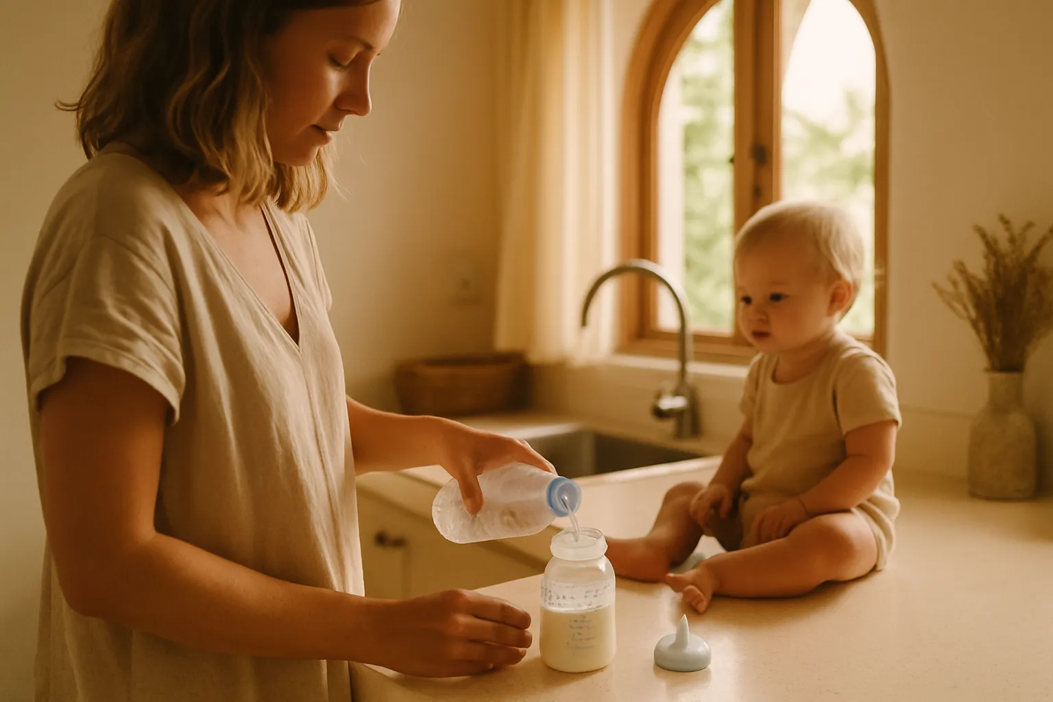 Parent preparing a baby bottle with sealed bottled water in a bright villa kitchen