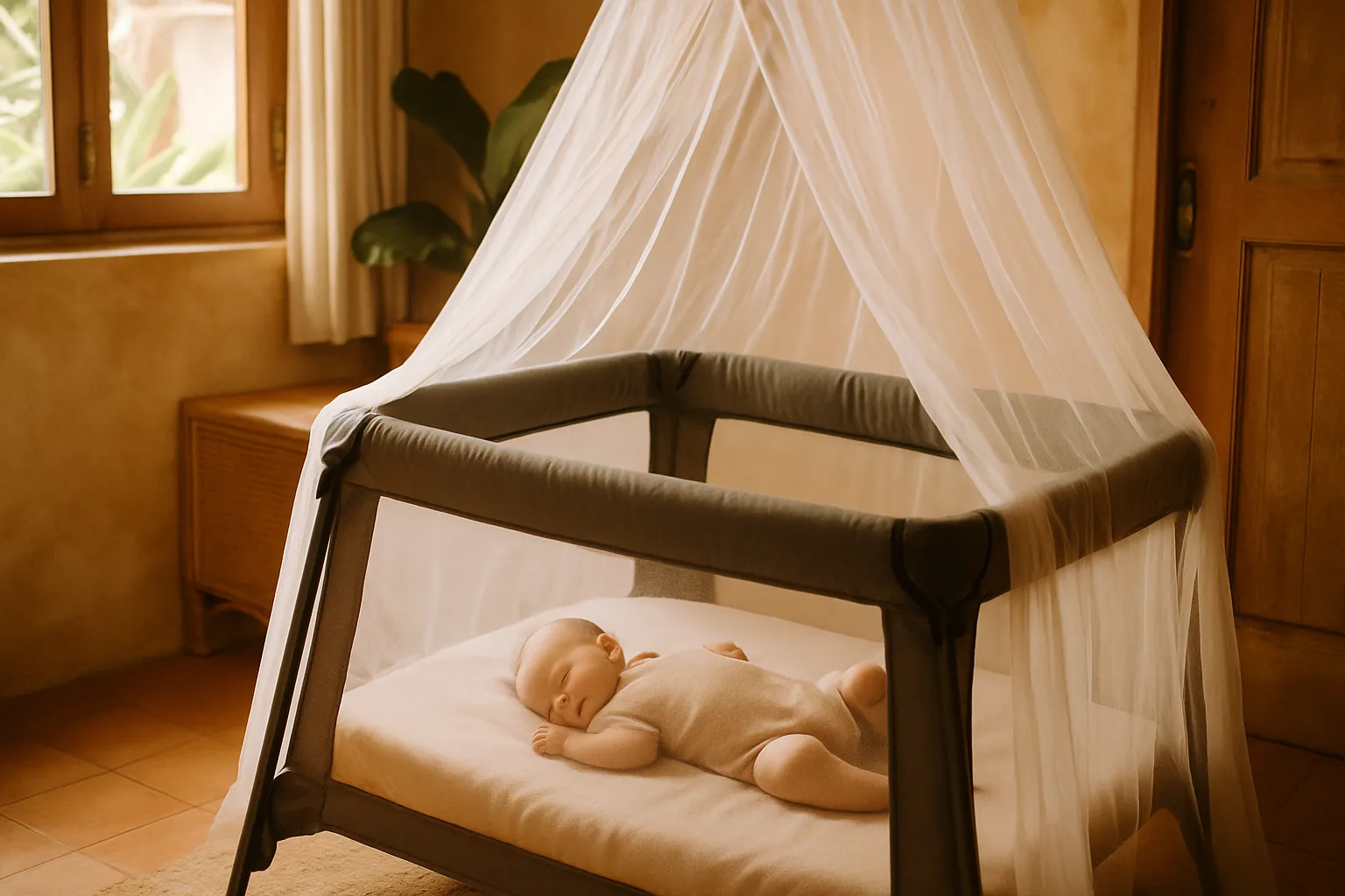 Baby sleeping in a travel cot with a fine white mosquito net in a tropical room