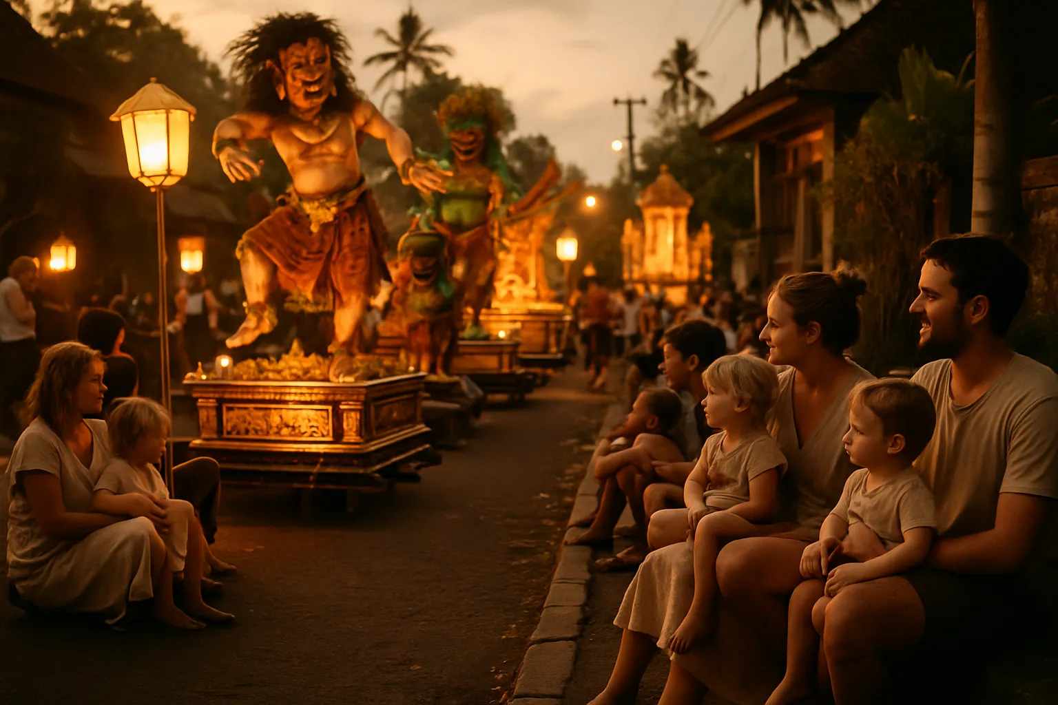 Balinese Ogoh-Ogoh parade the evening before Nyepi with families watching respectfully
