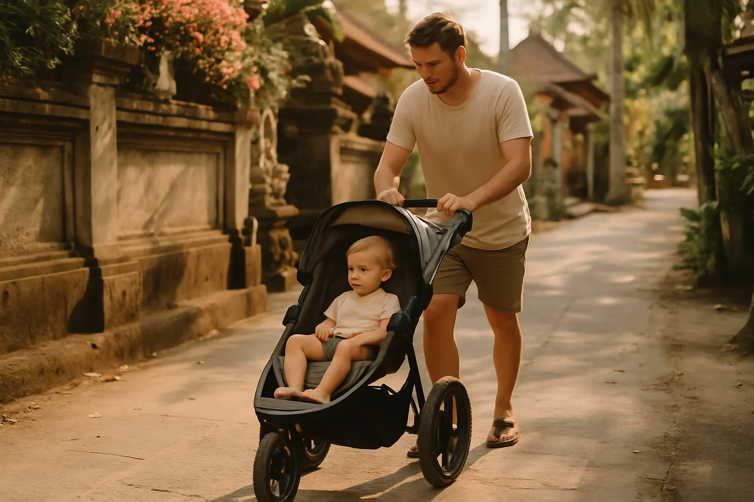Parent pushing a three-wheel jogger pram along a Bali footpath with a toddler aboard