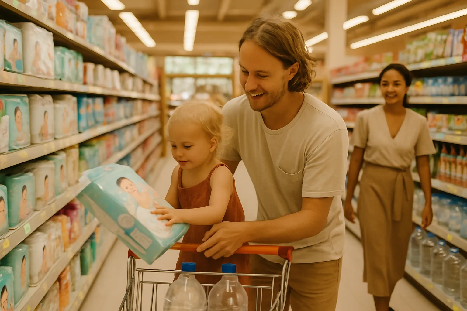 Parent and toddler choosing baby supplies in a bright Bali supermarket aisle