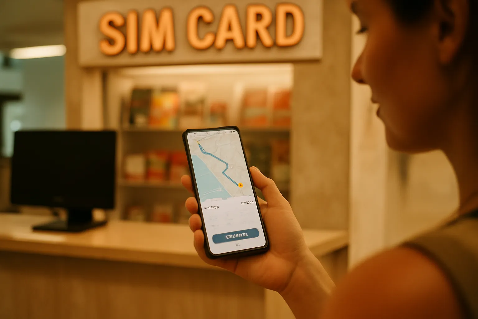 Parent at Bali airport telecom counter with phone showing a maps app