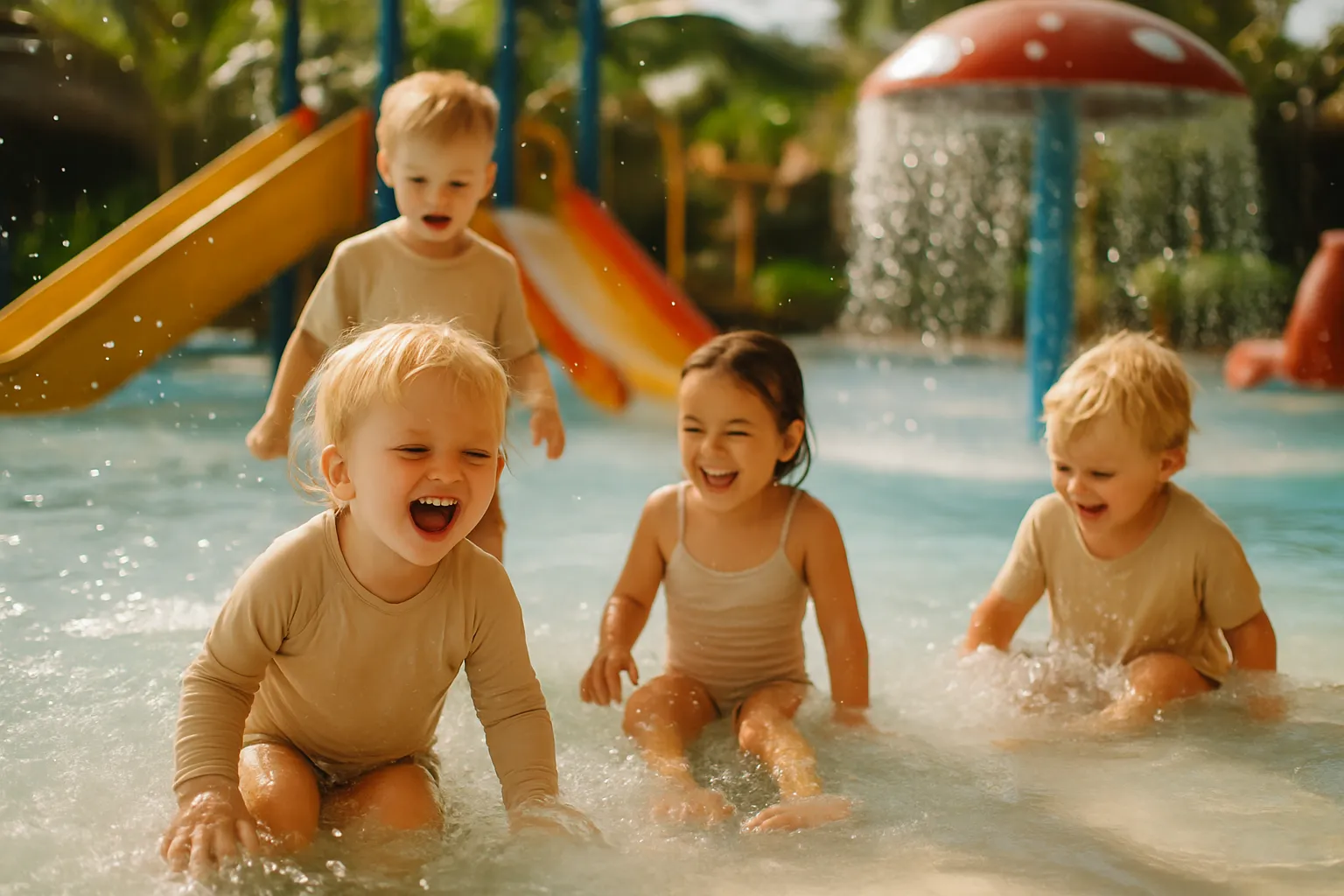 Toddlers splashing in a shaded kids water playground at a Bali water park