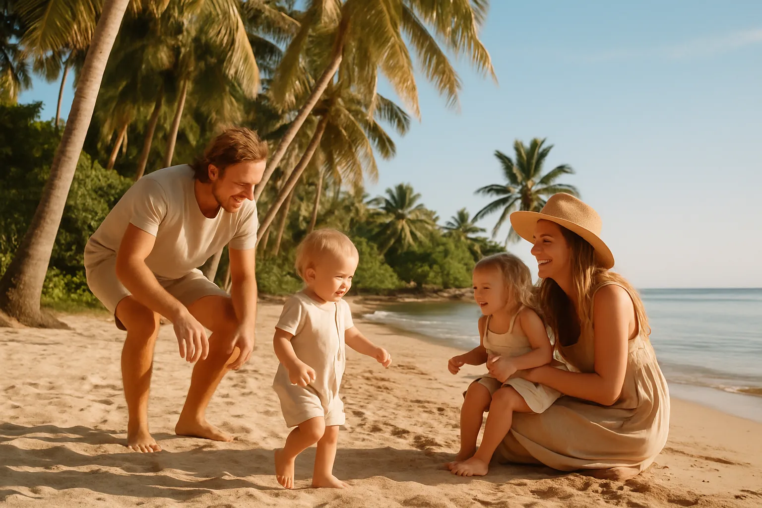 Young family playing on a calm shaded Bali beach in dry season