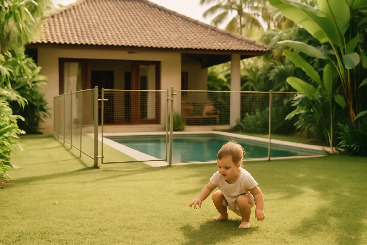 Bali villa with pool safety fence and toddler playing safely nearby