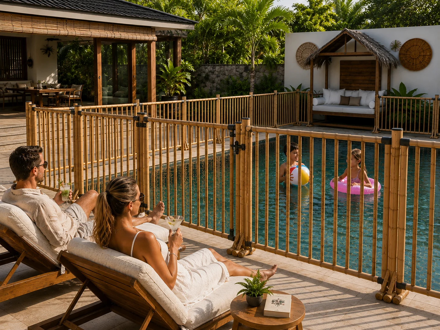Custom bamboo pool safety fence installed around a luxury villa pool in Bali